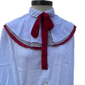 Vintage Chiffon Puritan Tie Neck Collared Blouse Red White Size M/L Union Made